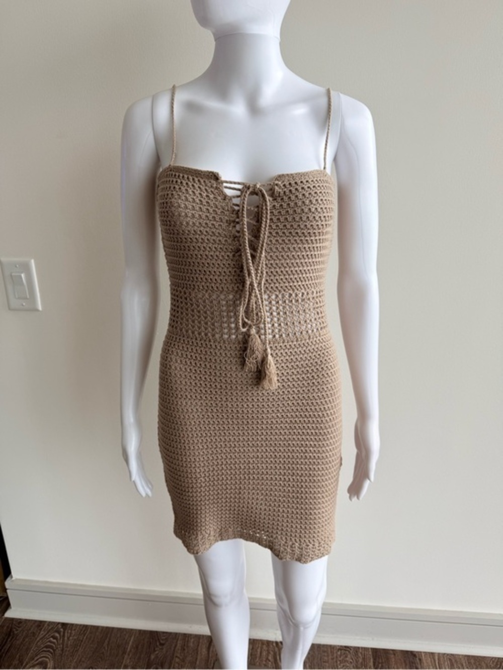 JLUXLABEL Tan Crochet Knit Lace-up Dress